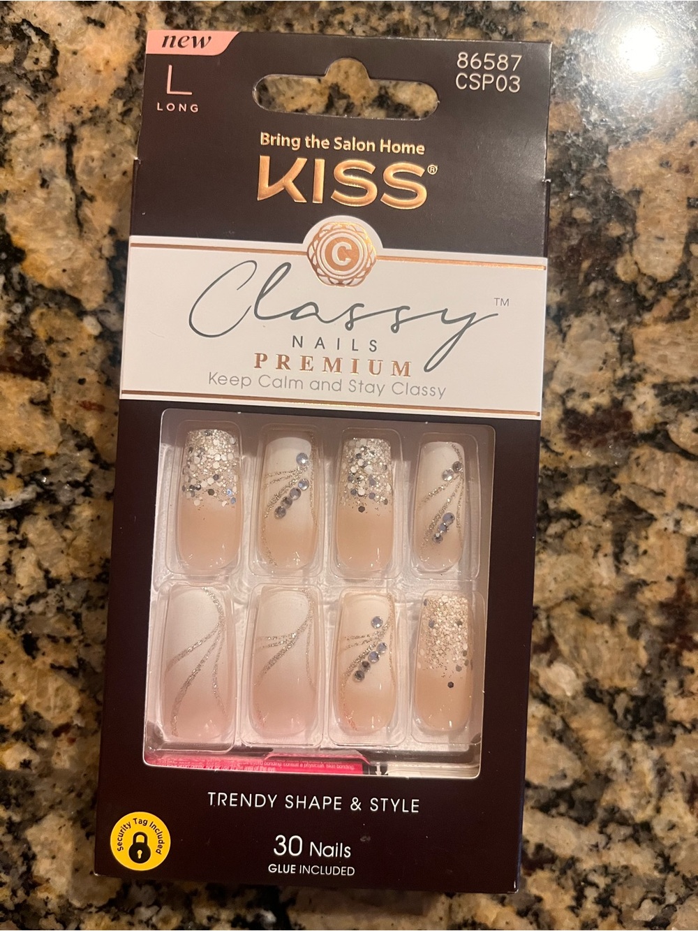 Kiss Nude and Silver Rhinestone Long Press-On Nails